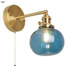 Helnys Vintage Blue Glass LED Wall Lamp with Pull Chain Switch