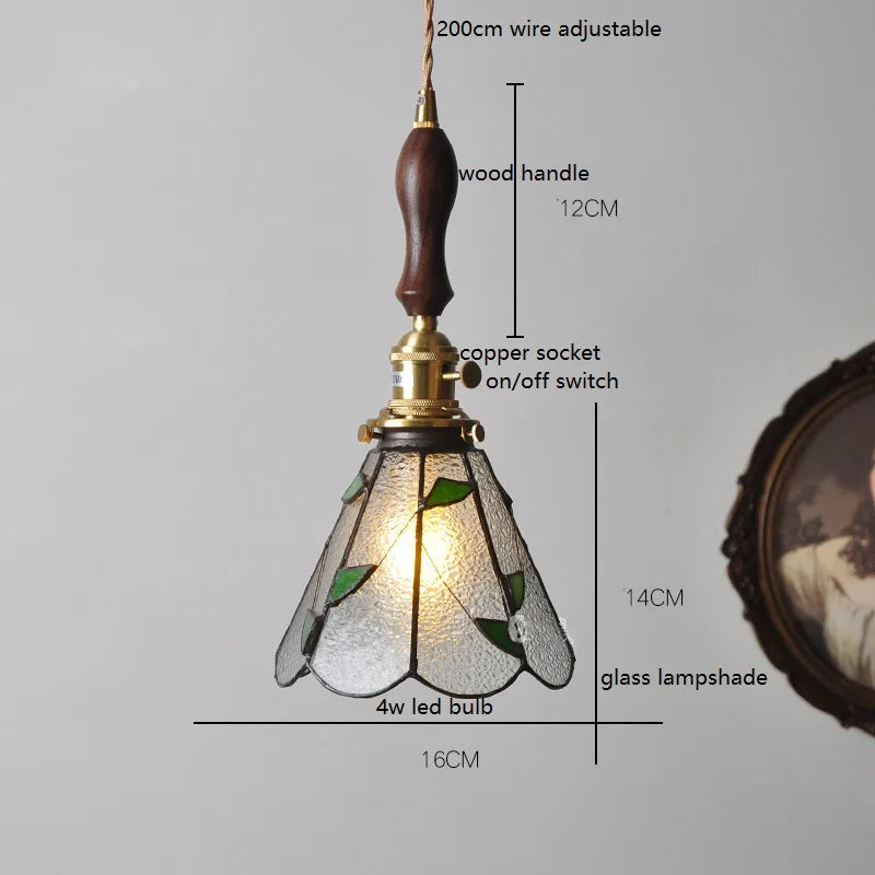 Helnys Vintage Europe Style LED Pendant Light with Wood, Copper, Glass Lampshade