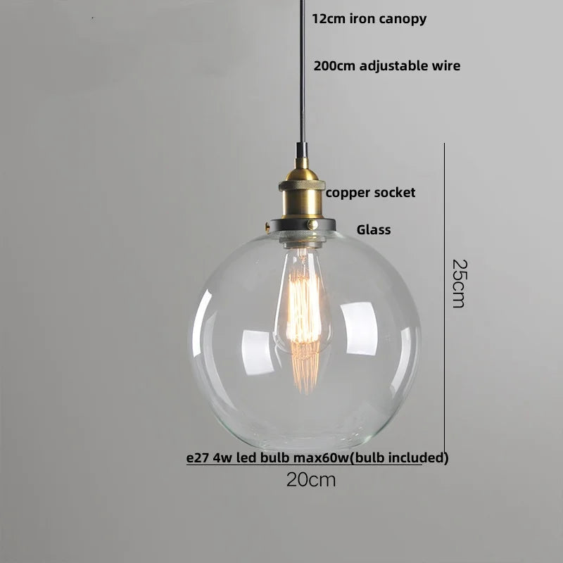 Helnys Loft Smoke Gray LED Pendant Lamp Brass Glass Vintage Hanging Light
