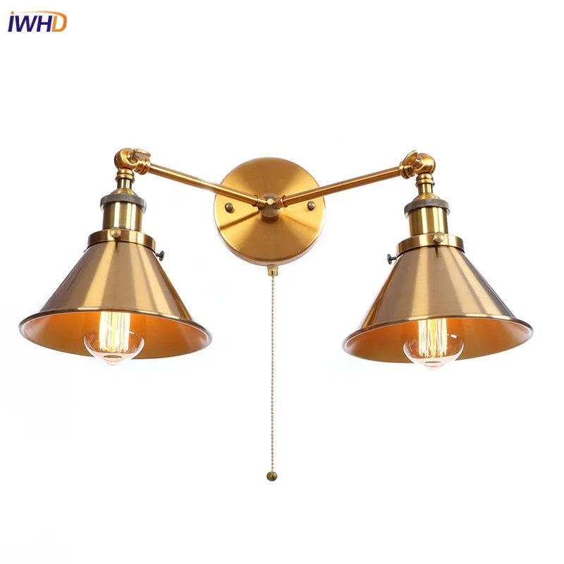 Helnys Industrial Vintage 2-Head LED Wall Light Gold Iron Loft Lamparas De Pared