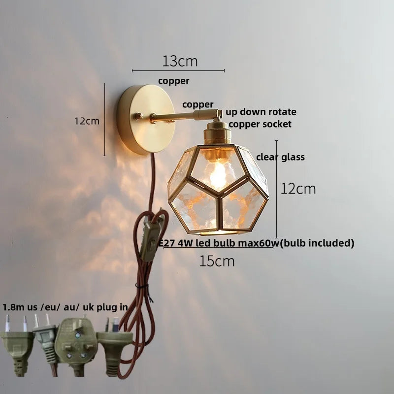 Helnys Square Glass LED Wall Lights Pull Chain Switch Tiffany Style Wandlamp