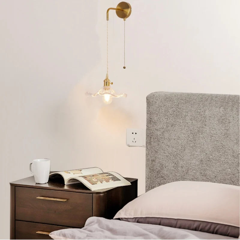 Helnys Copper LED Glass Wall Sconce Pull Chain Switch Adjustable Mirror Light