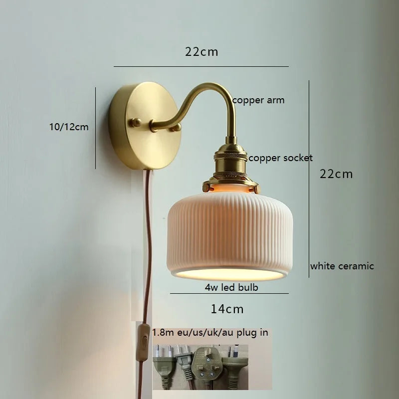 Helnys Nordic Ceramic Copper LED Wall Lamp with Pull Chain Switch, Adjustable for Bathroom Mirror