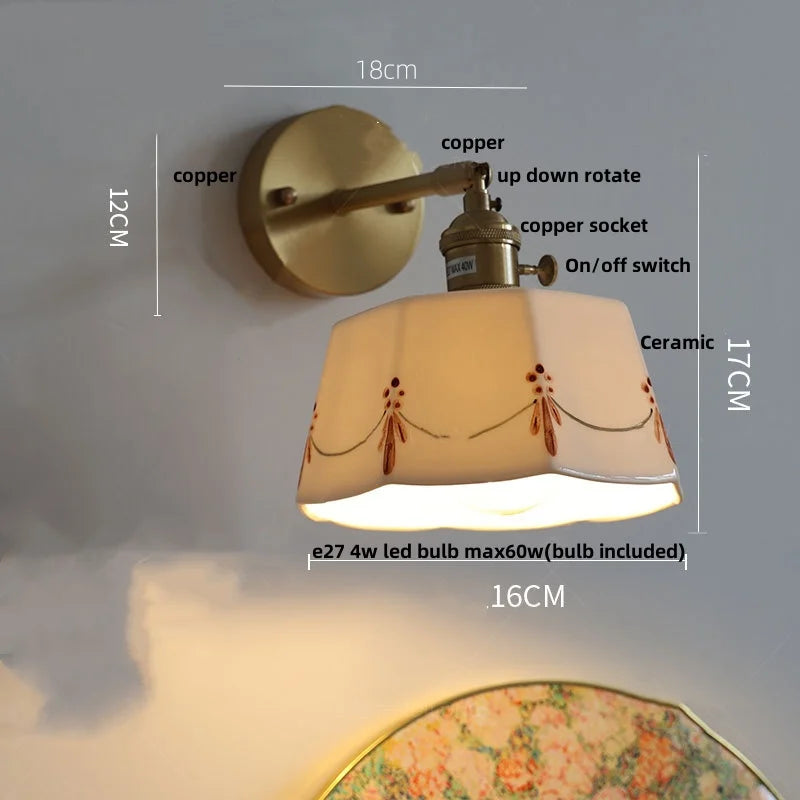 Helnys Copper Ceramic LED Wall Light Fixture with Pull Chain Switch