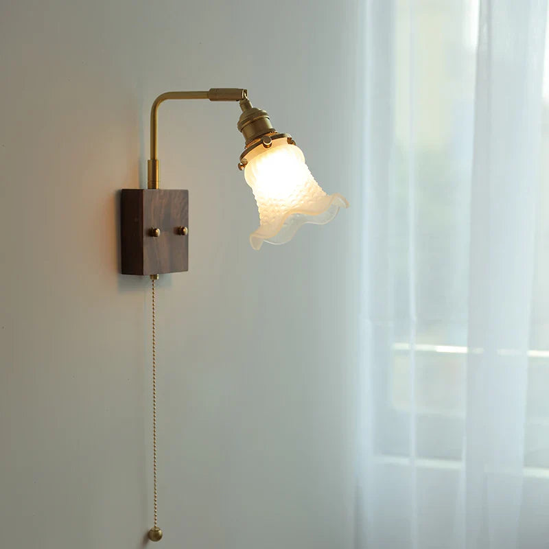 Helnys Brass Walnut Wood LED Wall Sconce Rotatable Glass Stair Light