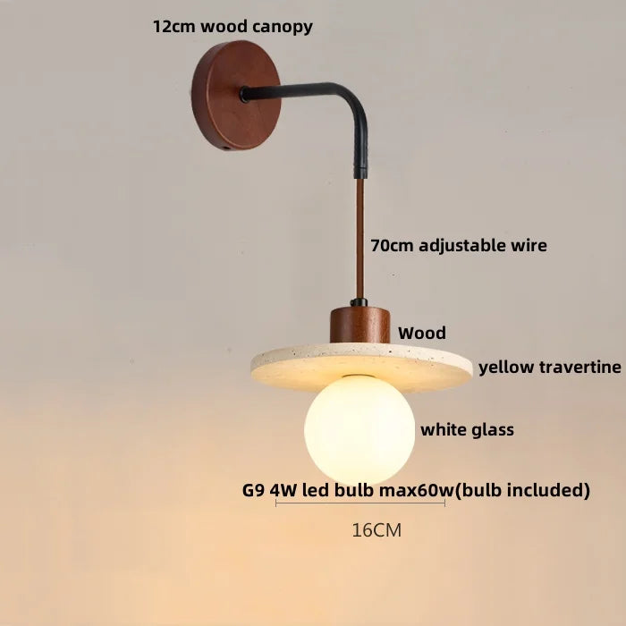 Helnys Adjustable LED Wall Lamp Pull Chain Switch Wood Nordic Modern Yellow Travertine