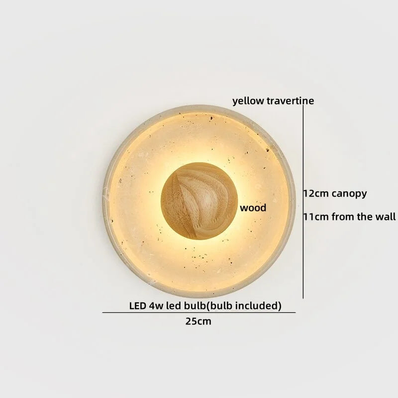 Helnys Round LED Wall Lamp Yellow Travertine Wood Modern Nordic Light