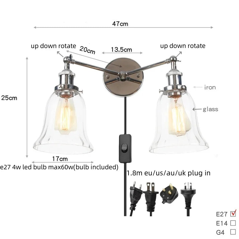 Helnys Retro LED Wall Light Fixtures with Pull Chain Switch, Industrial 2 Heads Sconce