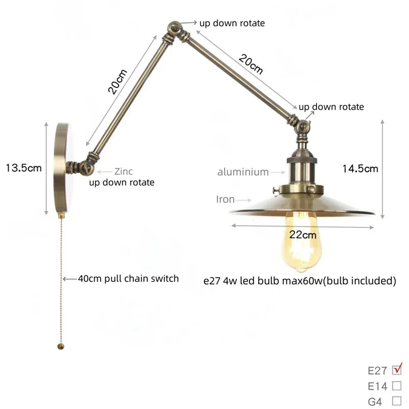 Helnys Vintage Industrial Style Long Arm LED Wall Sconce Bedside Lamp