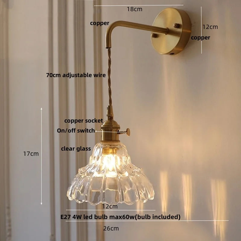 Helnys Nordic Modern Pull Chain Copper Flower Glass LED Wall Lights - Bedroom Balcony Wandlamp