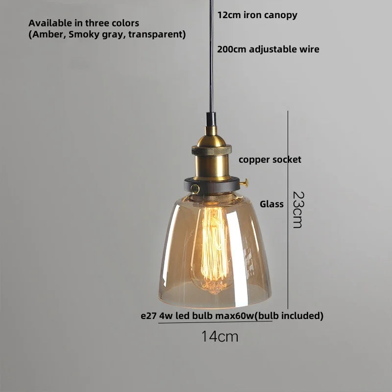 Helnys Loft Smoke Gray LED Pendant Lamp Brass Glass Vintage Hanging Light