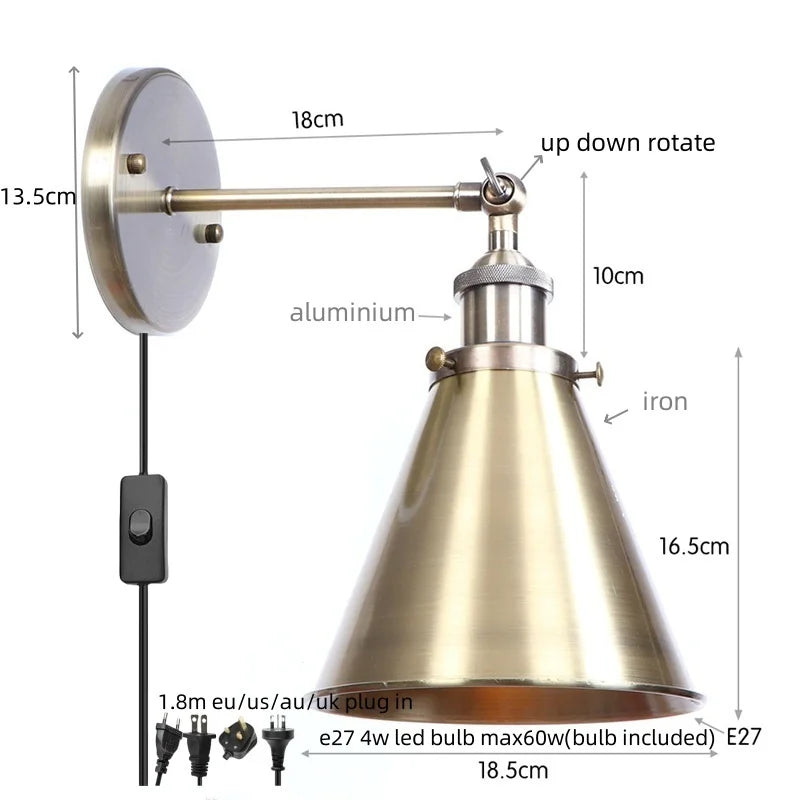Helnys Vintage Gold Plated Iron Wall Lamp Industrial LED Loft Lighting Fixtures