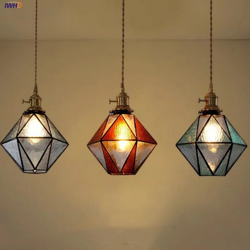Helnys Brass Vintage LED Pendant Light Fixture Walnut Wood Glass Dining Room Lamp