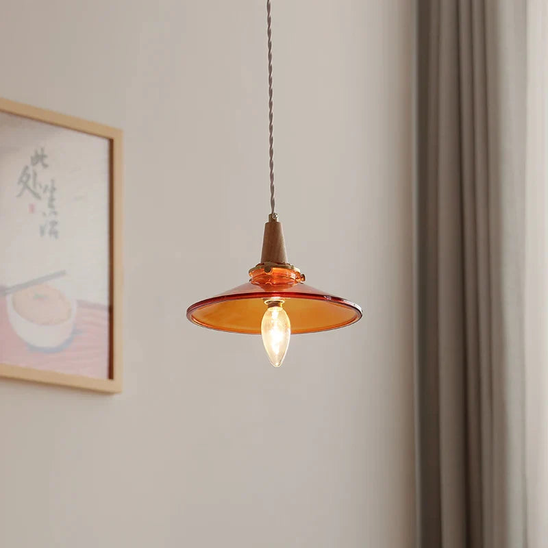 Helnys Wood Amber Glass LED Pendant Light Fixture - Nordic Modern Hanging Lamp