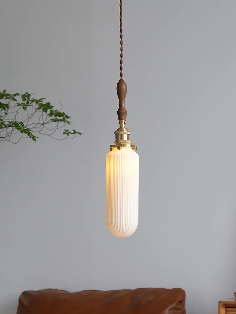 Helnys White Ceramic Ball LED Pendant Light with Copper Socket & Wood Handle