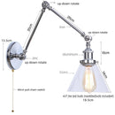 Helnys Retro Loft LED Wall Lights Pull Chain Switch Chrome Clear Glass Vintage Fixture