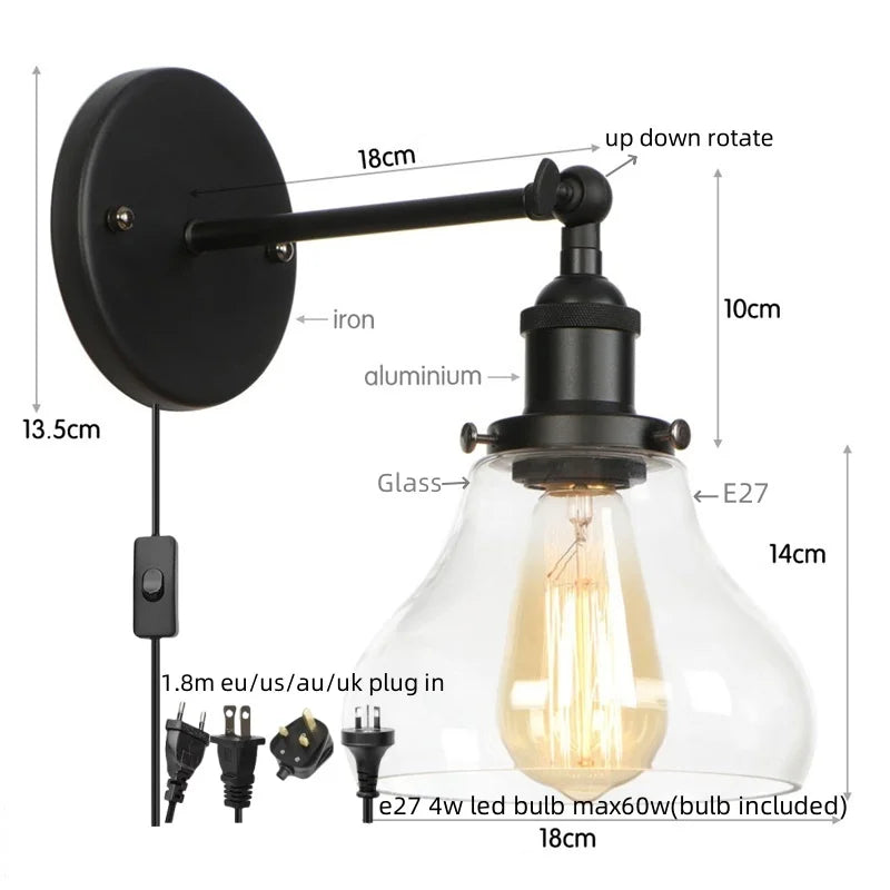 Helnys Industrial Iron LED Wall Lights with Pull Chain Switch