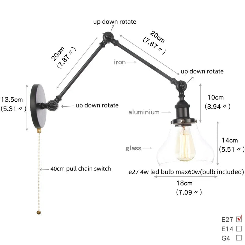Helnys Black Industrial Loft Swing Arm Wall Light Fixtures Glass Pull Chain Switch Lamp