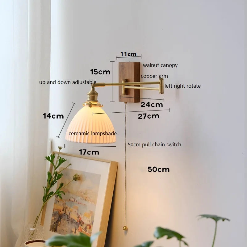 Helnys Walnut Ceramic LED Wall Lamp with Copper Arm, Rotating, Pull Chain Switch
