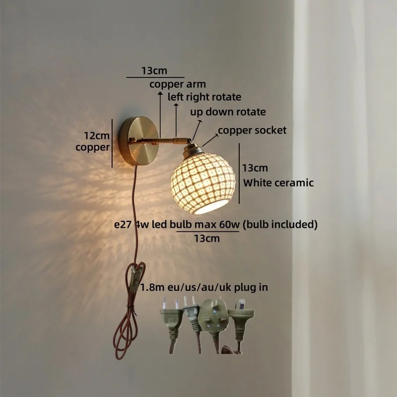 Helnys Ceramic Vintage LED Wall Light Bathroom Round Design Pull Chain Bedside Lamp