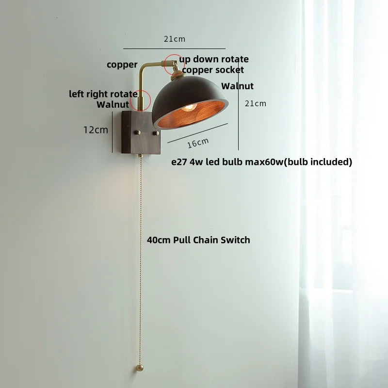 Helnys Rotatable Vintage LED Wall Sconce Pull Chain Switch Wood Bedside Lamp