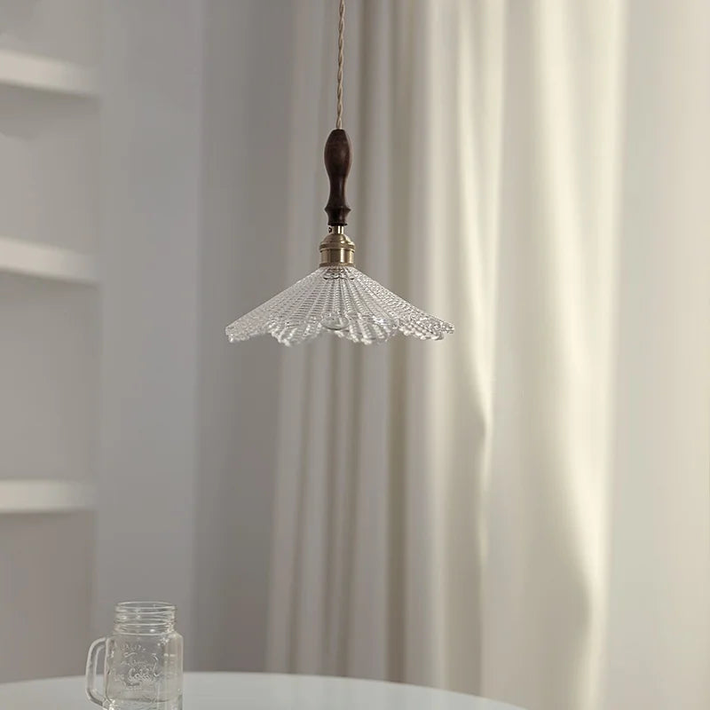 Helnys Vintage Glass Shade Pendant Light - Walnut Handle Design