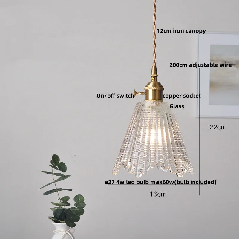 Helnys Clear Leaf Glass LED Pendant Lamp with Copper Knob Switch