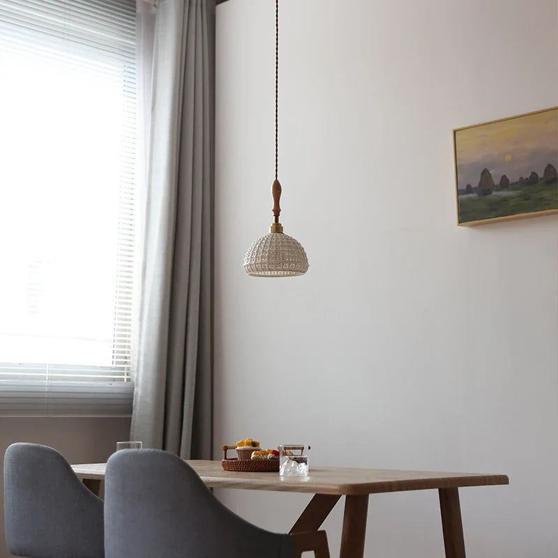 Helnys Ceramic LED Pendant Lights with Ash Wood Handle for Home Décor