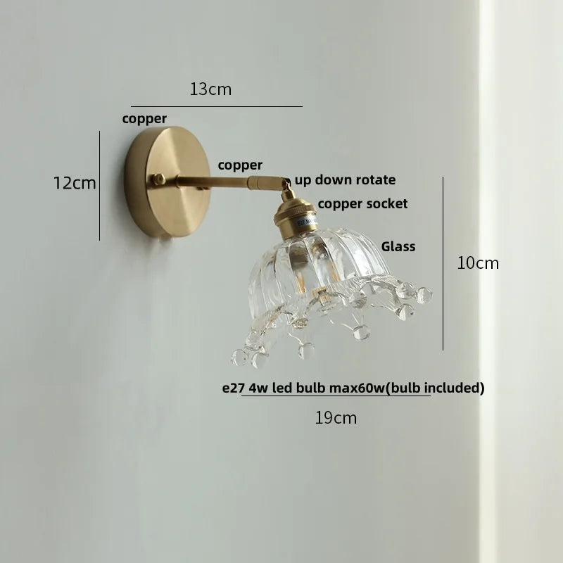Helnys Flower Glass LED Wall Lamp with Pull Chain Switch - Copper Wall Light Fixtures