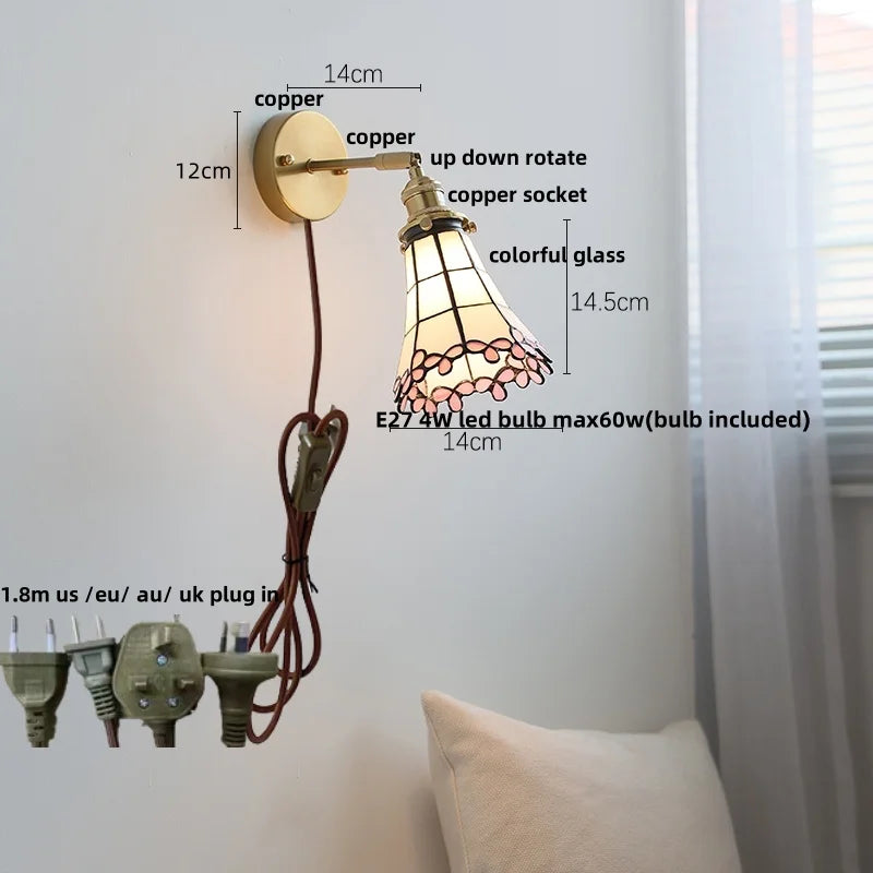 Helnys Flower Glass LED Wall Sconce Pull Chain Switch Rotatable Lamp