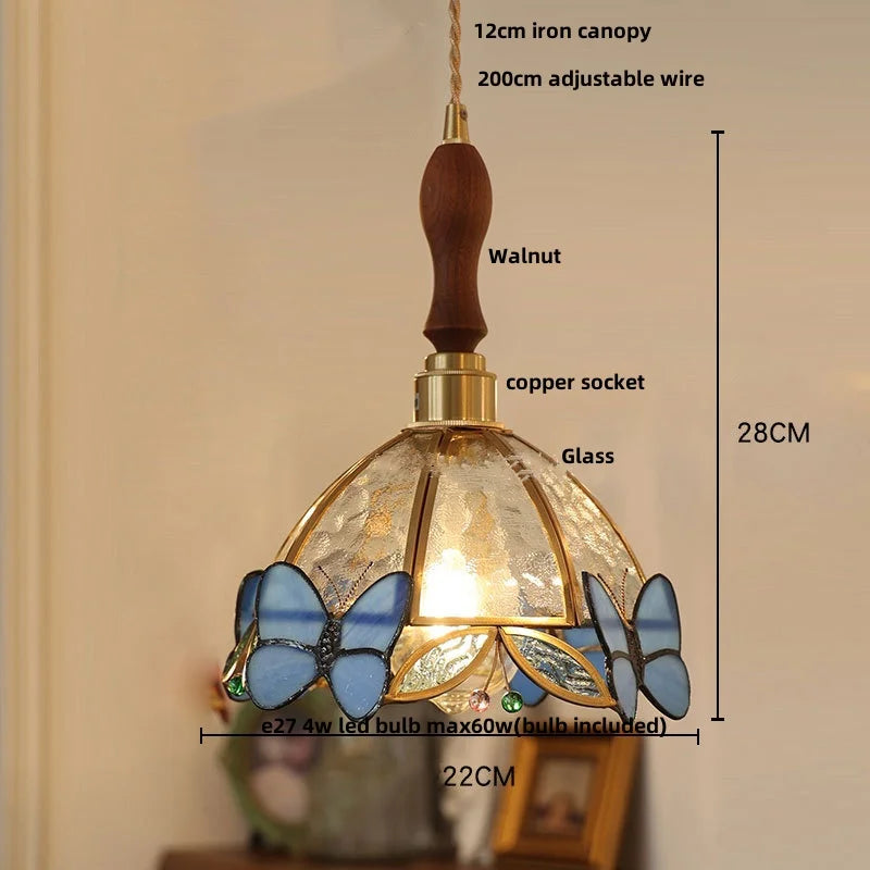 Helnys Butterfly Pink LED Pendant Lamp, Nordic Modern Walnut Wood Glass Hanging Light