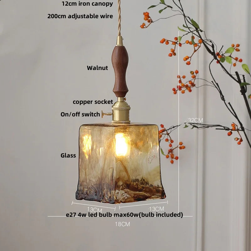 Helnys Amber Glass Pendant Lights with Brass Knob Switch and LED