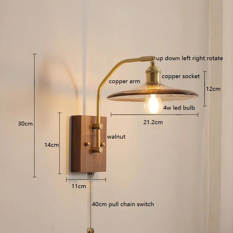 Helnys Nordic Copper LED Wall Lights Fixtures Switch Walnut Wall Lamp