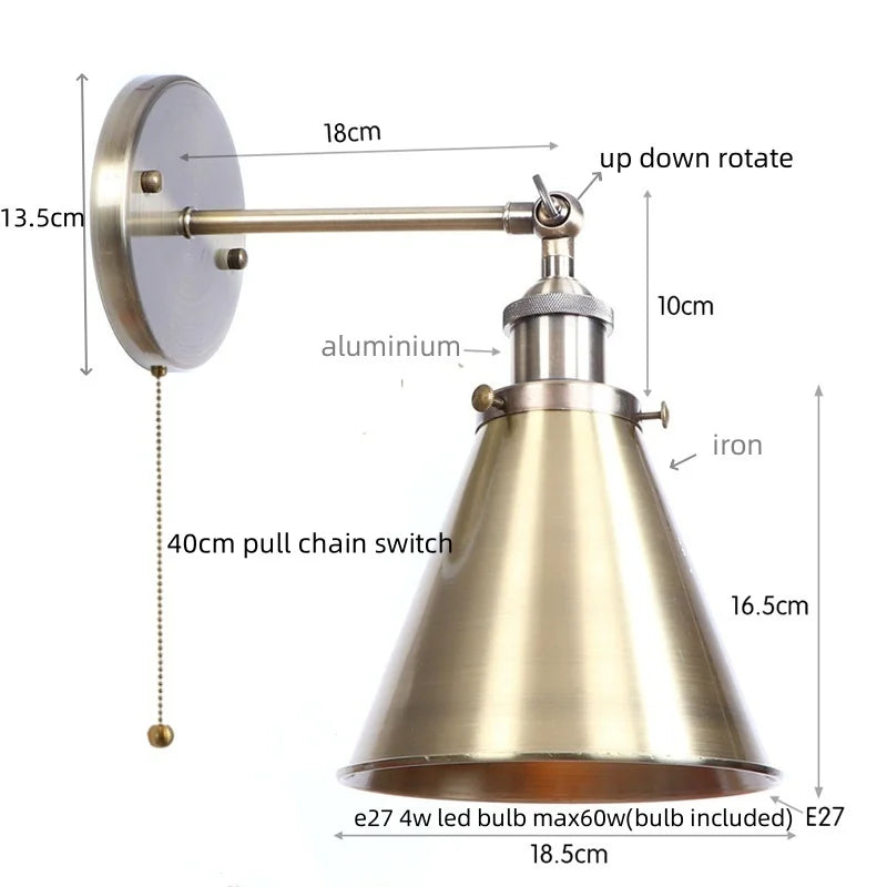 Helnys Vintage Gold Plated Iron Wall Lamp Industrial LED Loft Lighting Fixtures