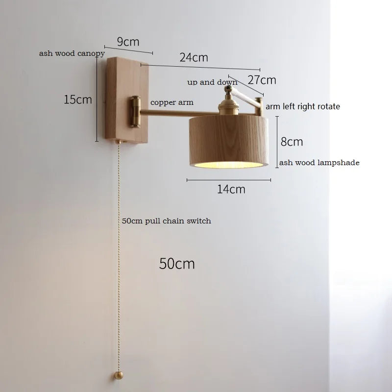 Helnys LED Wall Sconce Lamp Walnut Ash Wood with Pull Chain Switch
