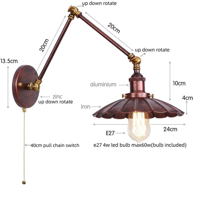 Helnys Industrial Rustic LED Wall Sconce - Long Arm Vintage Iron Stair Light