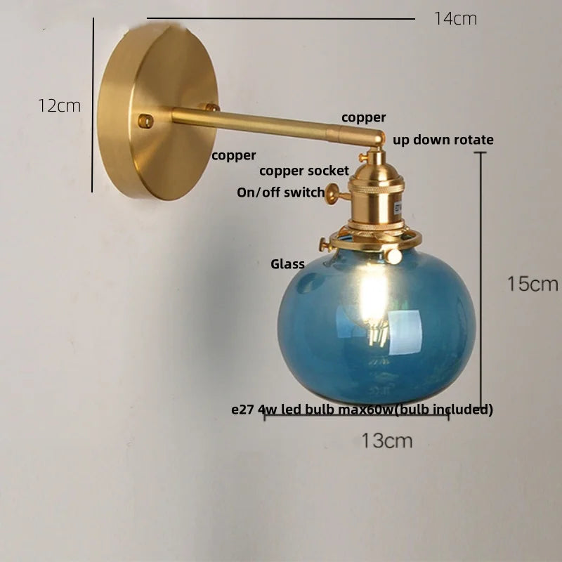 Helnys Vintage Blue Glass LED Wall Lamp with Pull Chain Switch