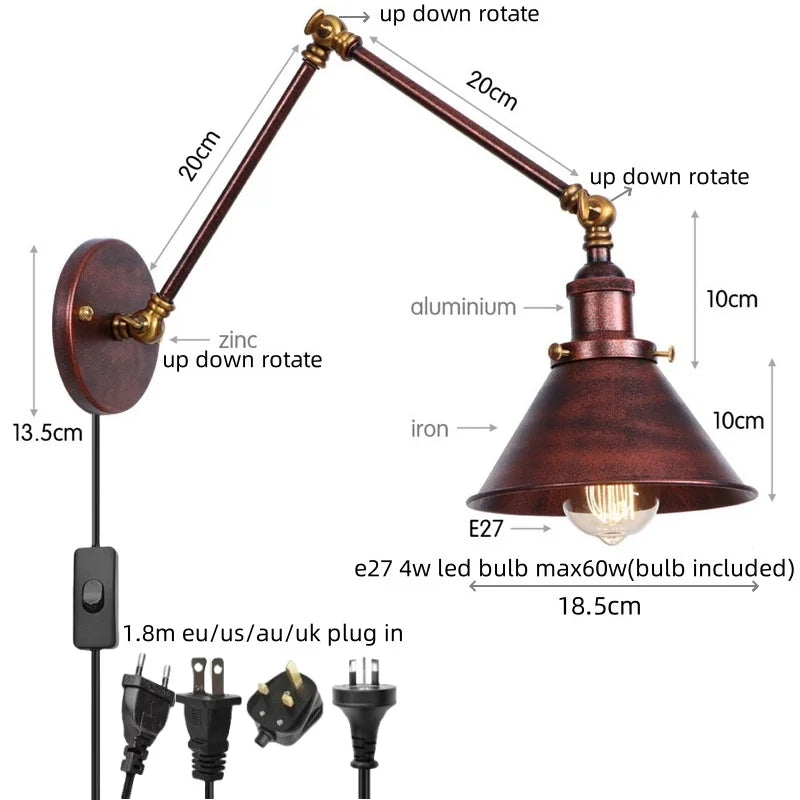 Helnys Vintage Iron LED Wall Lamp with Pull Chain Switch