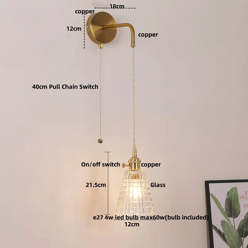 Helnys Clear Glass LED Wall Lamp with Pull Chain Switch for Modern Luxury Home Decor