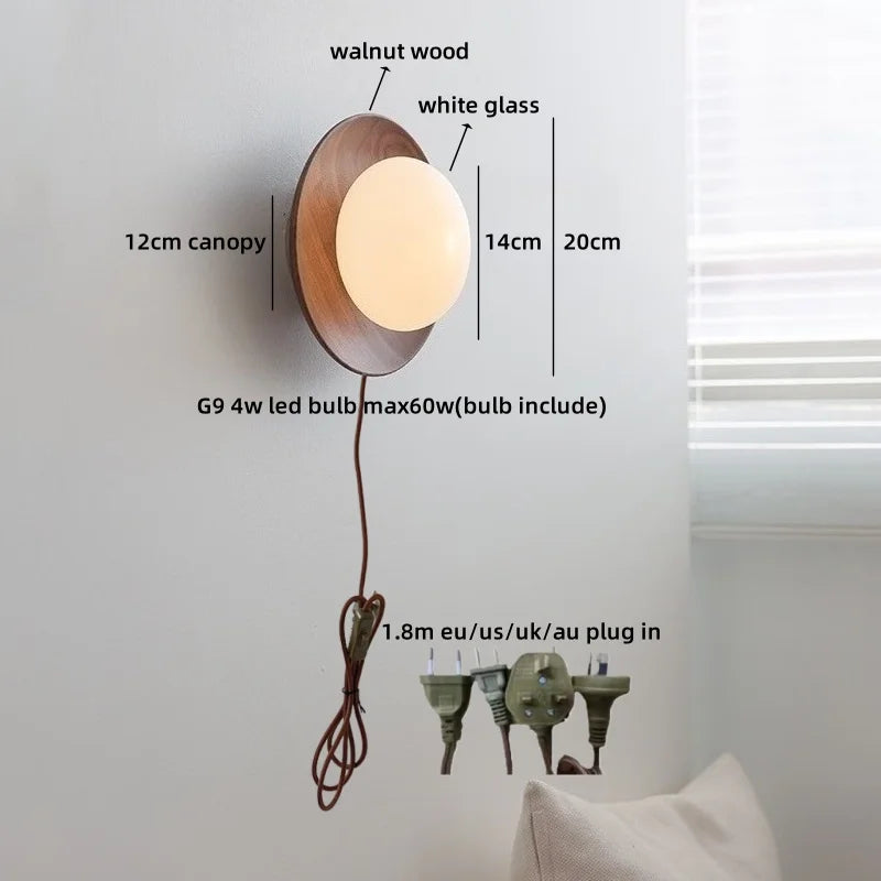 Helnys White Glass Ball LED Wall Lamps With Switch, Modern Wooden Stair Light