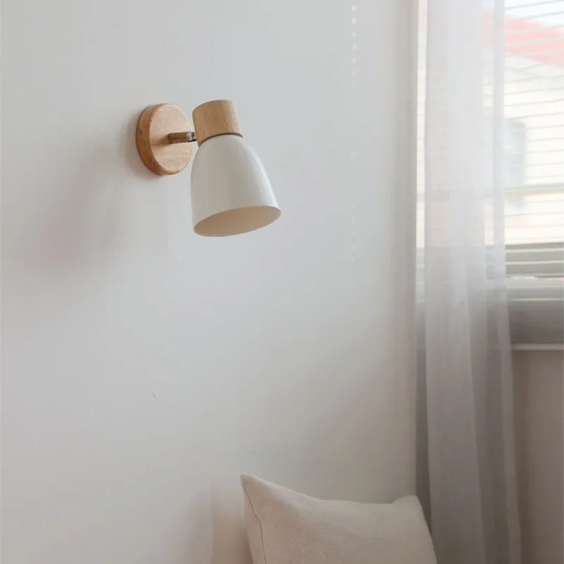 Helnys Iron Wood LED Wall Light Pull Chain Switch White Glass Rotate Bedside Lamp