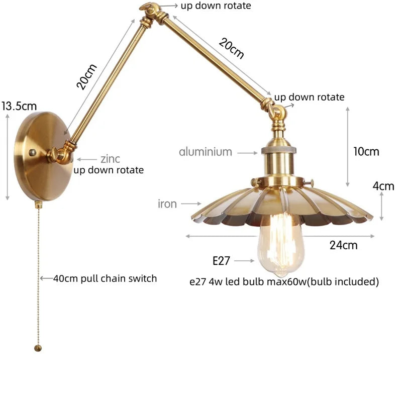 Helnys Gold Industrial LED Wall Lamp with Pull Chain Switch