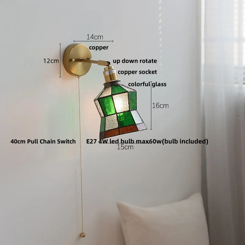Helnys Square Glass LED Wall Lights Pull Chain Switch Tiffany Style Wandlamp