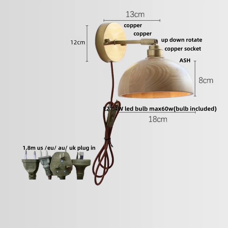 Helnys Nordic Walnut Wood Copper LED Wall Sconce Up Down Rotatable Bedside Lamp