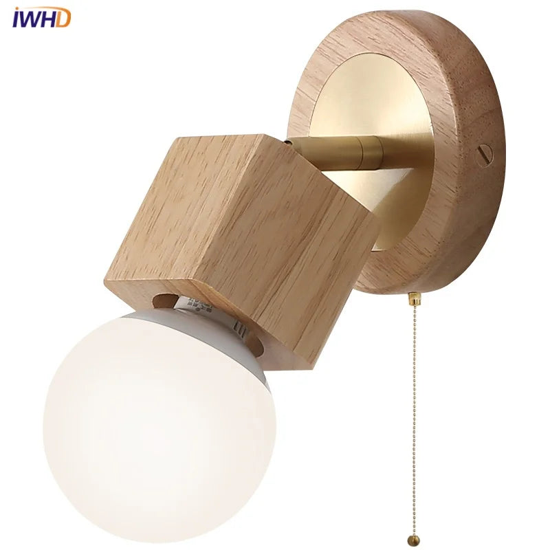 Helnys Wood LED Wall Light with Pull Chain Switch, Modern Copper Vanity Lamp