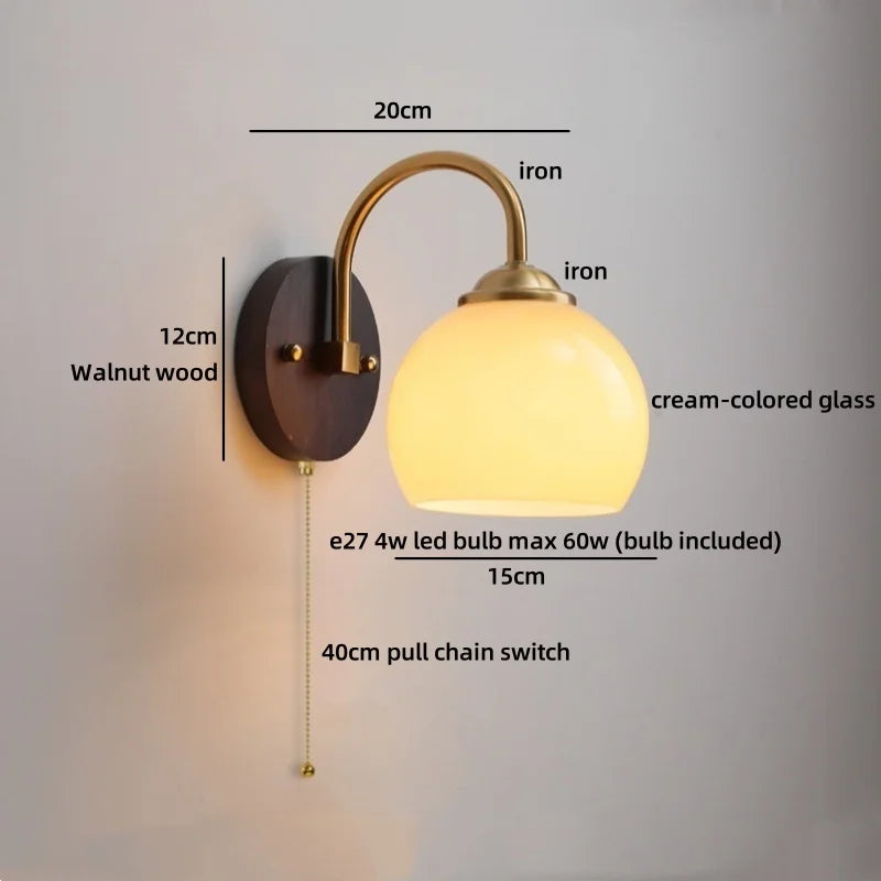 Helnys Nordic Round Glass LED Wall Lights with Wood Base