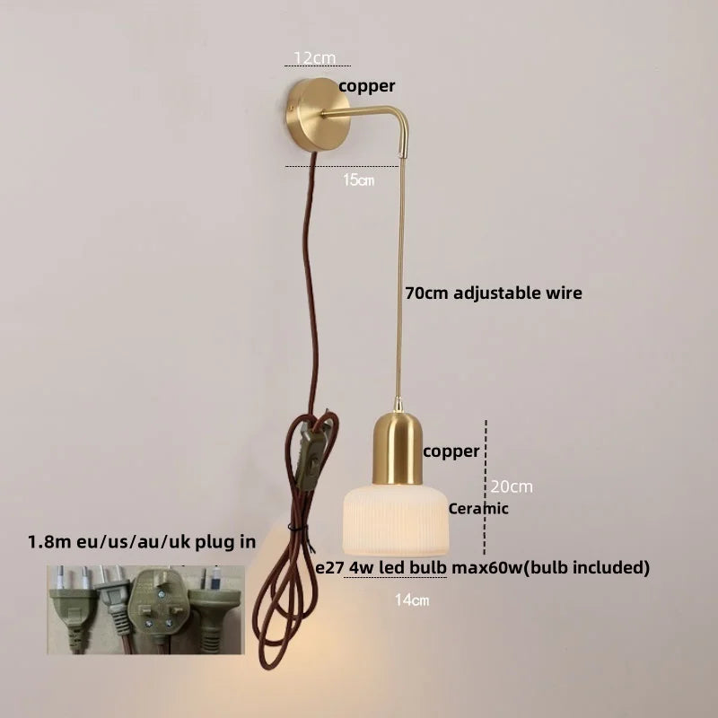 Helnys Rotatable Ceramic LED Wall Sconce Nordic Walnut Wood Bedside Lamp