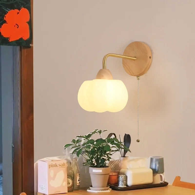 Helnys Nordic Wood Canopy LED Wall Light Fixture with Pull Chain Switch for Bedroom