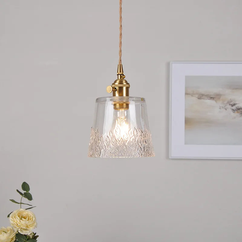 Helnys Clear Leaf Glass LED Pendant Lamp with Copper Knob Switch