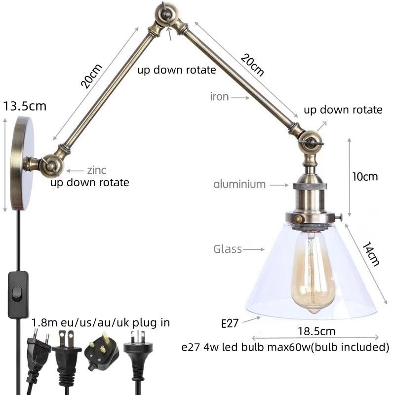Helnys Industrial Vintage Swing Arm LED Lamp with Pull Chain Switch